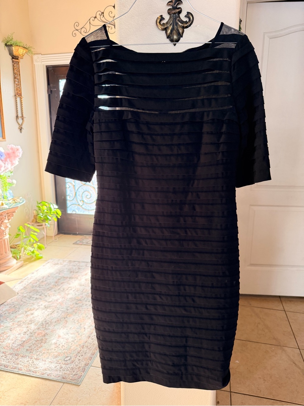 Adrianna Papell Black Layered Boat-Neck Midi Dress
